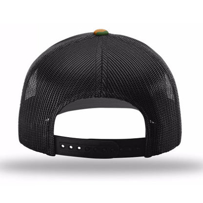 Back view of Whiskey Wisdom Hat - Camo + Black, showing mesh design and adjustable strap.