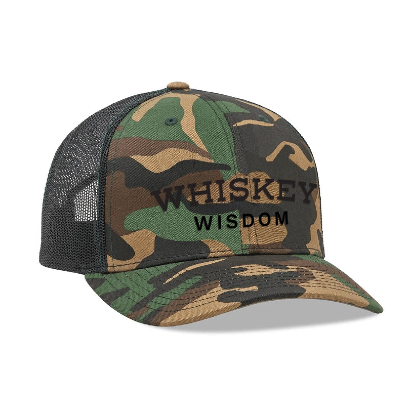 Whiskey Wisdom Hat in camo and black, featuring a stylish trucker design for bourbon lovers.