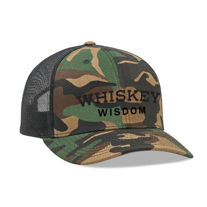 Whiskey Wisdom Hat in camo and black, featuring a stylish trucker design for bourbon lovers.