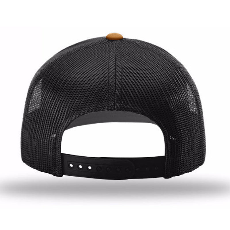 Back view of the Whiskey Wisdom hat in caramel and black design, featuring a mesh structure and adjustable strap.