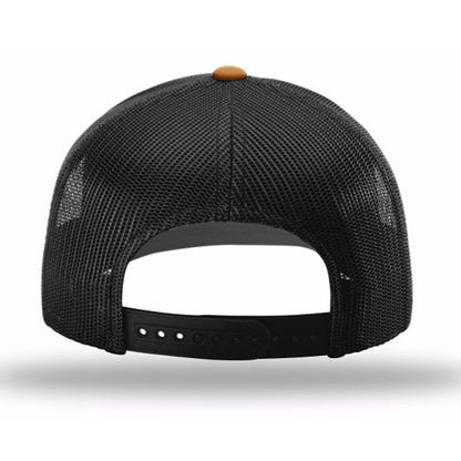 Back view of the Whiskey Wisdom hat in caramel and black design, featuring a mesh structure and adjustable strap.
