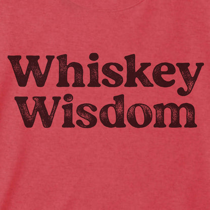 Bold distressed print of 'Whiskey Wisdom' on a red tri-blend tee, ideal for bourbon and whiskey lovers.