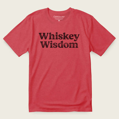 Whiskey Wisdom Tee in red, featuring distressed black print; perfect bourbon t-shirt for whiskey enthusiasts.