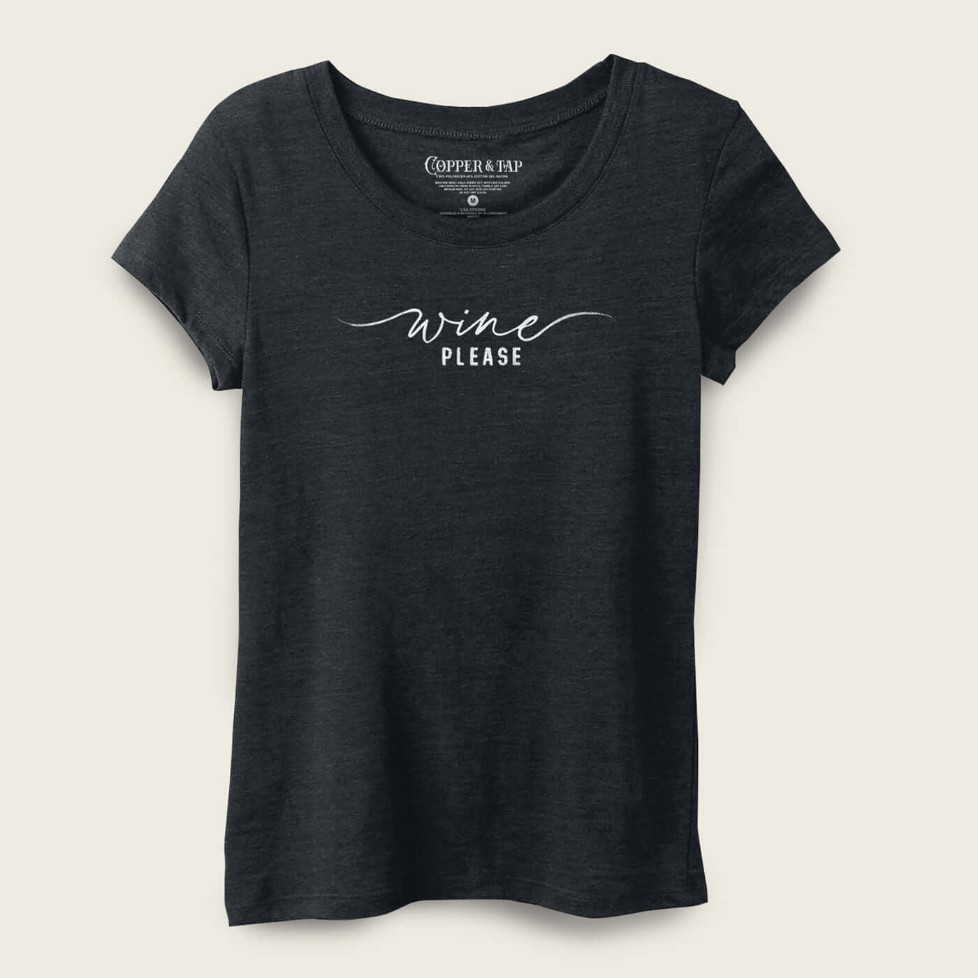 women's fit t-shirt with a graphic that reads "wine please"