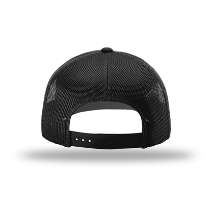 Back view of a black Kentucky Chew Whiskey trucker hat with adjustable snap back and mesh design.